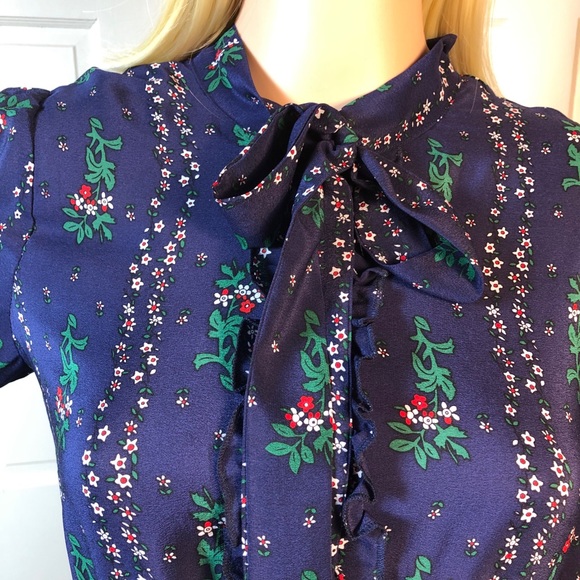 Blue Floral Silk Dress w Ruffles and Tie Neck S/M - Picture 3 of 8